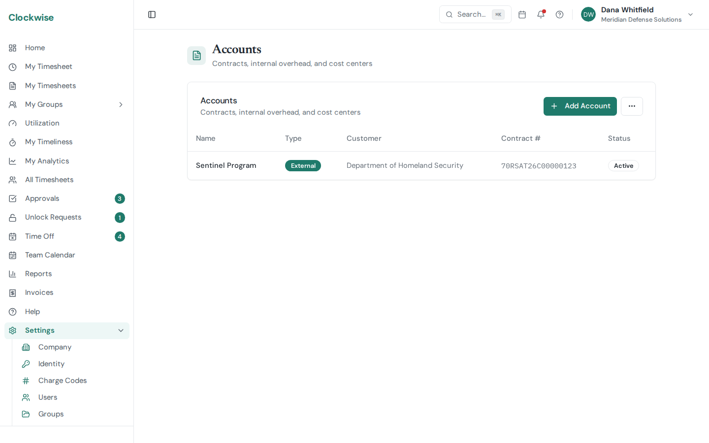 The accounts list showing contracts and periods