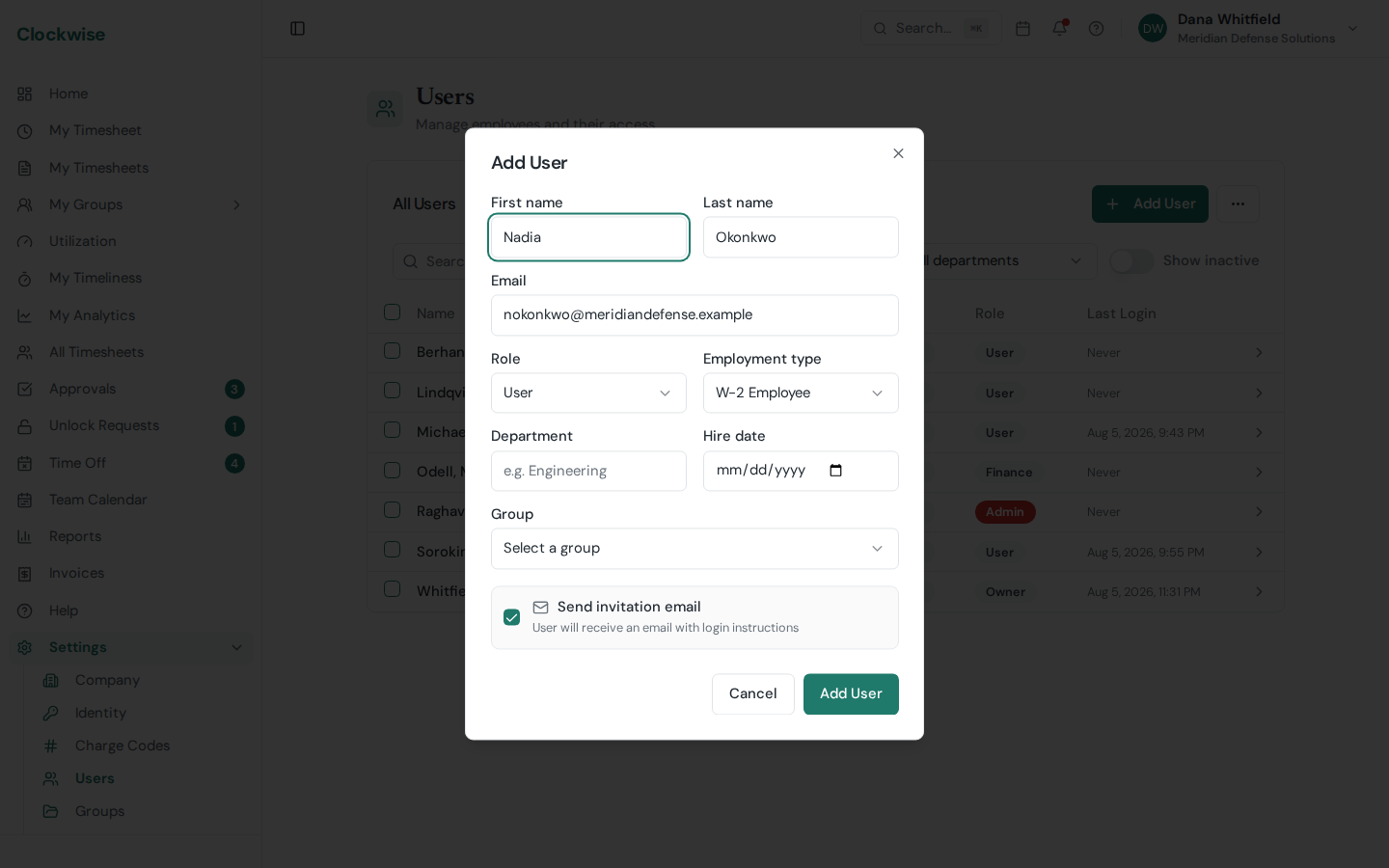 The Add User dialog with name, email, role, employment type, and group