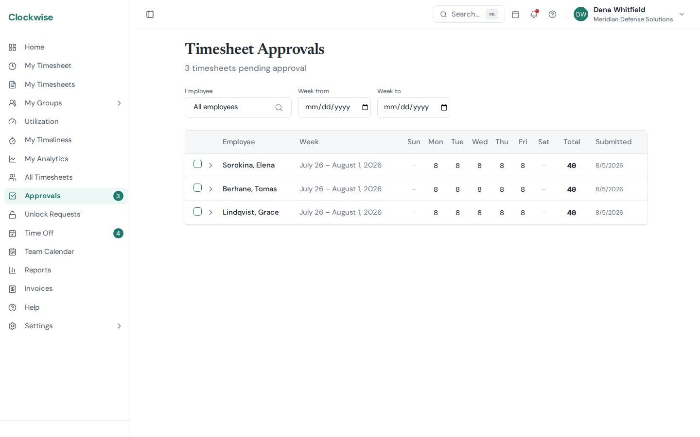 The approvals queue listing submitted timesheets awaiting review