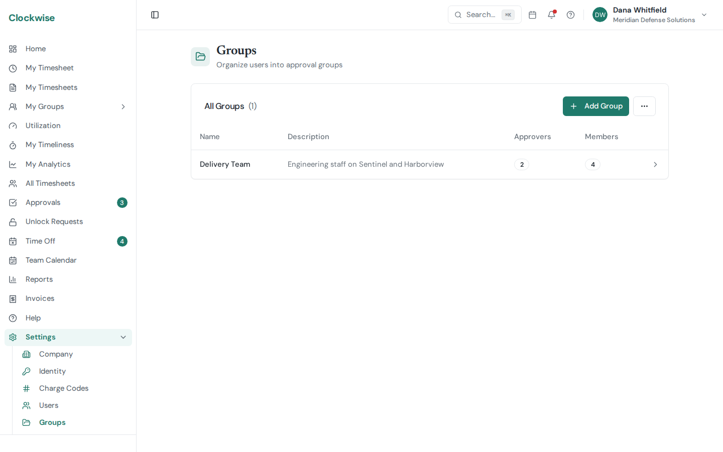 The groups list showing members and their approvers