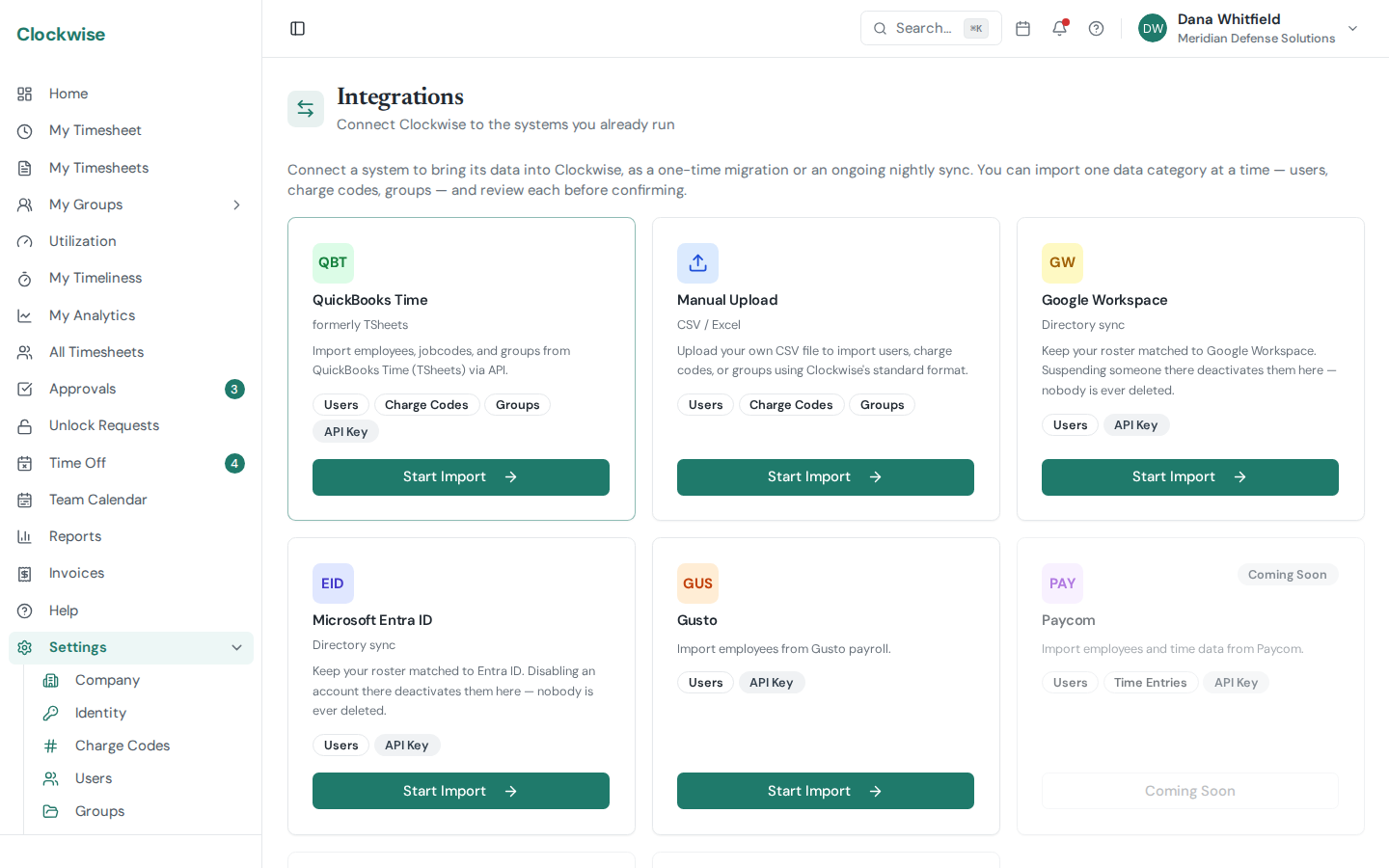The integrations settings page