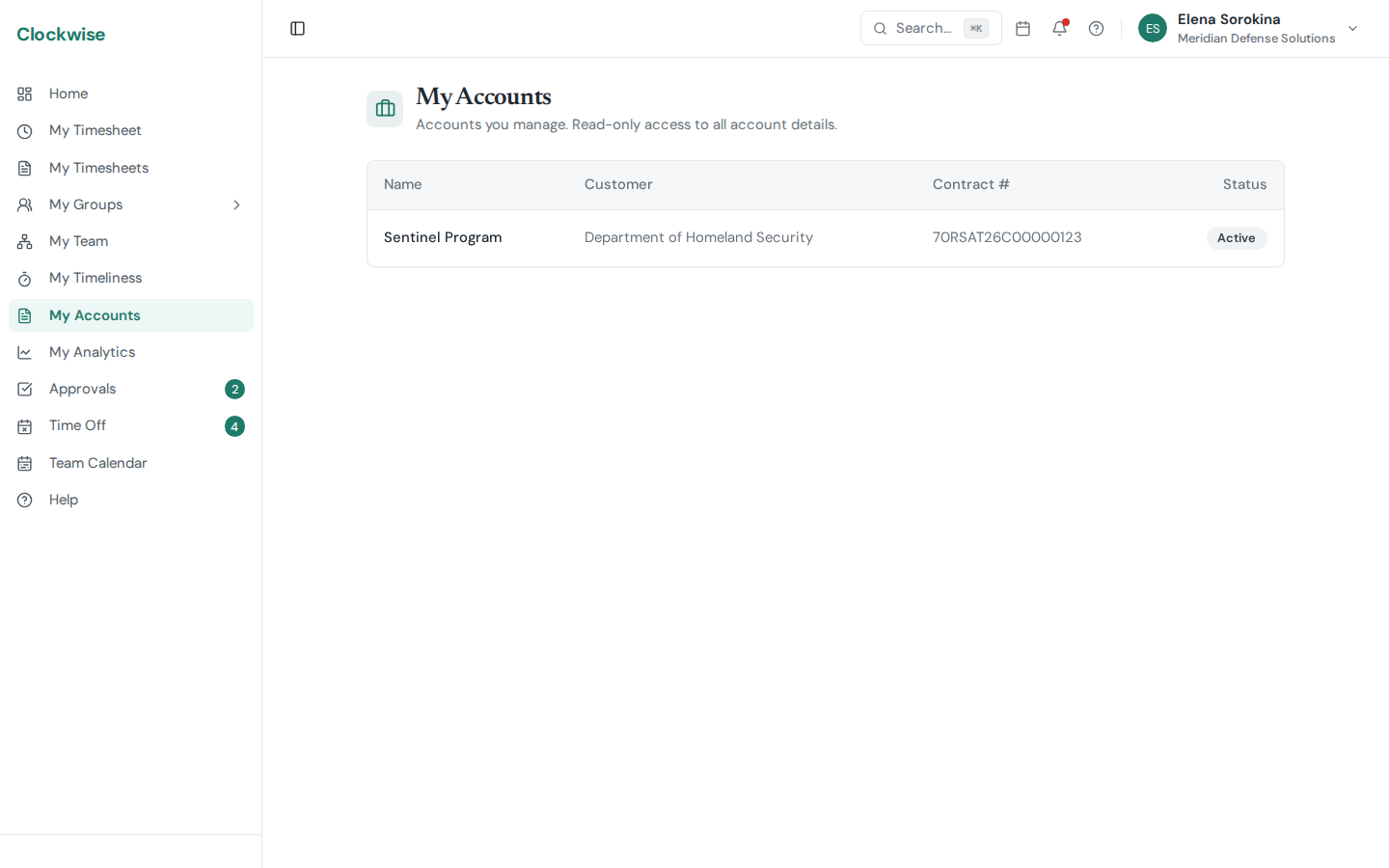 The My Accounts list for an account manager
