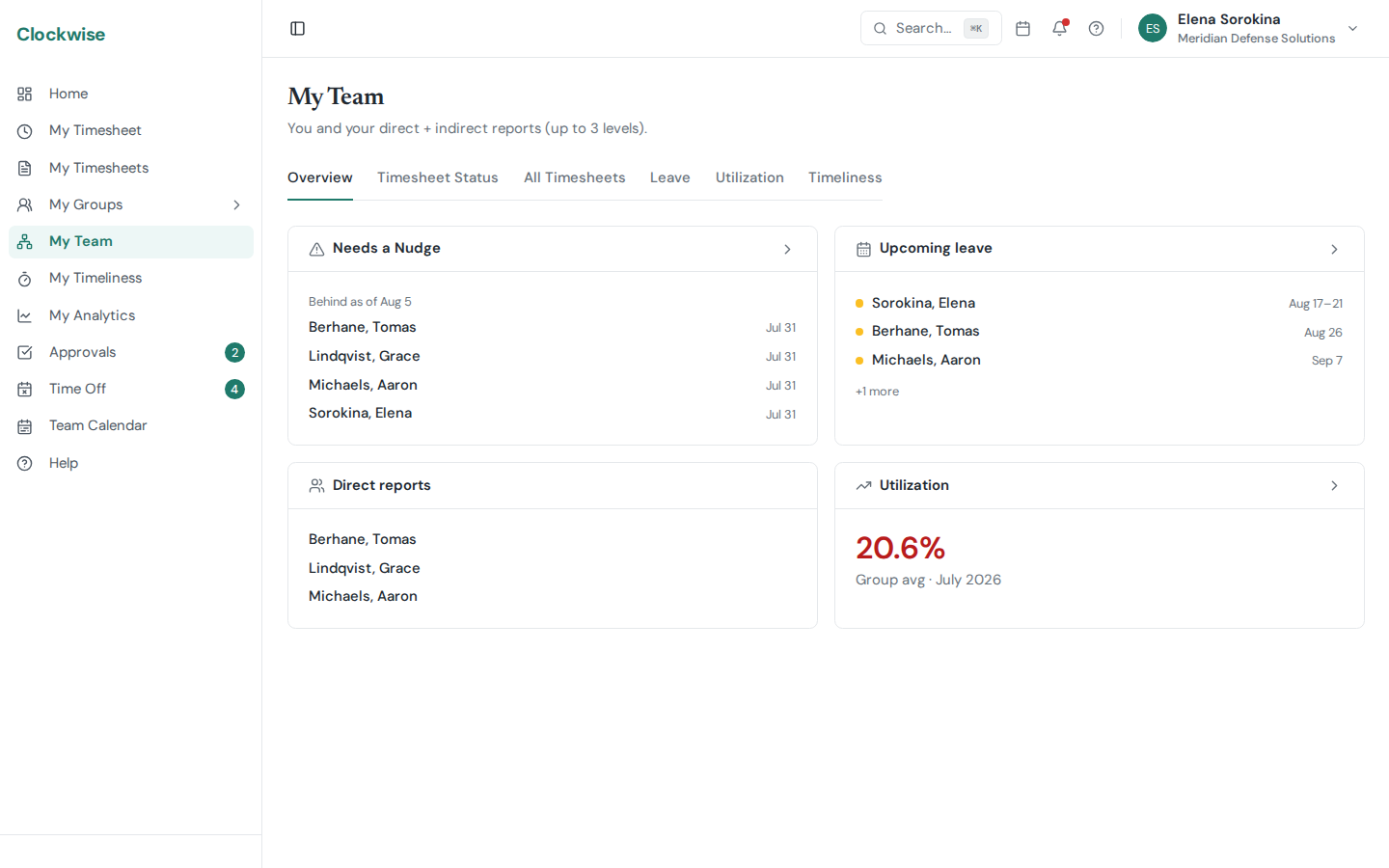 The My Team overview with direct reports, upcoming leave, and utilization