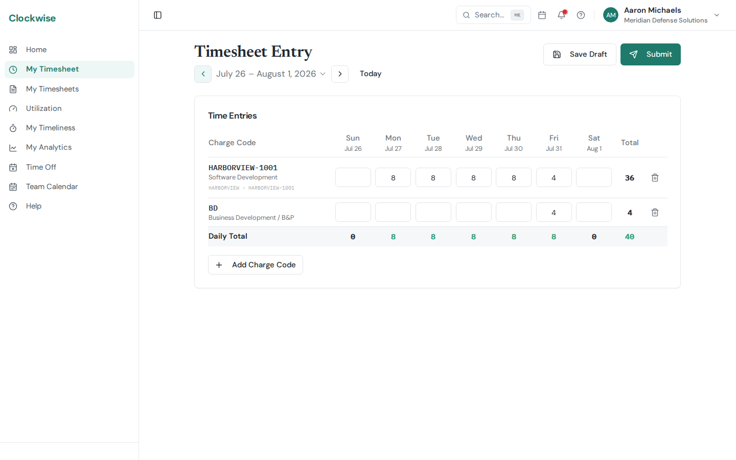 The weekly timesheet grid, with one row per charge code and a daily total