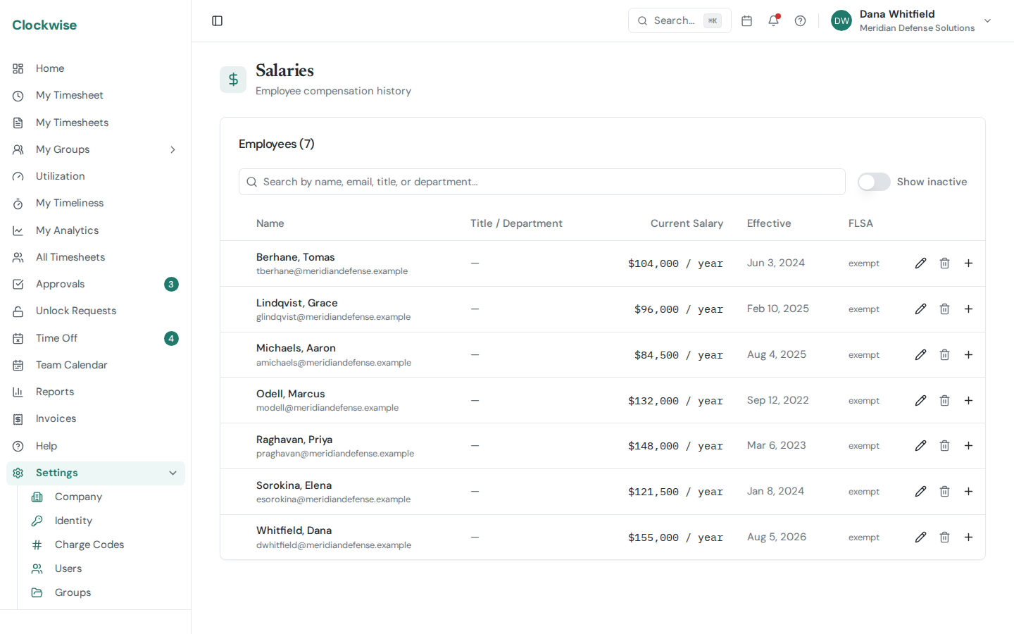 The salaries list showing effective-dated pay rates