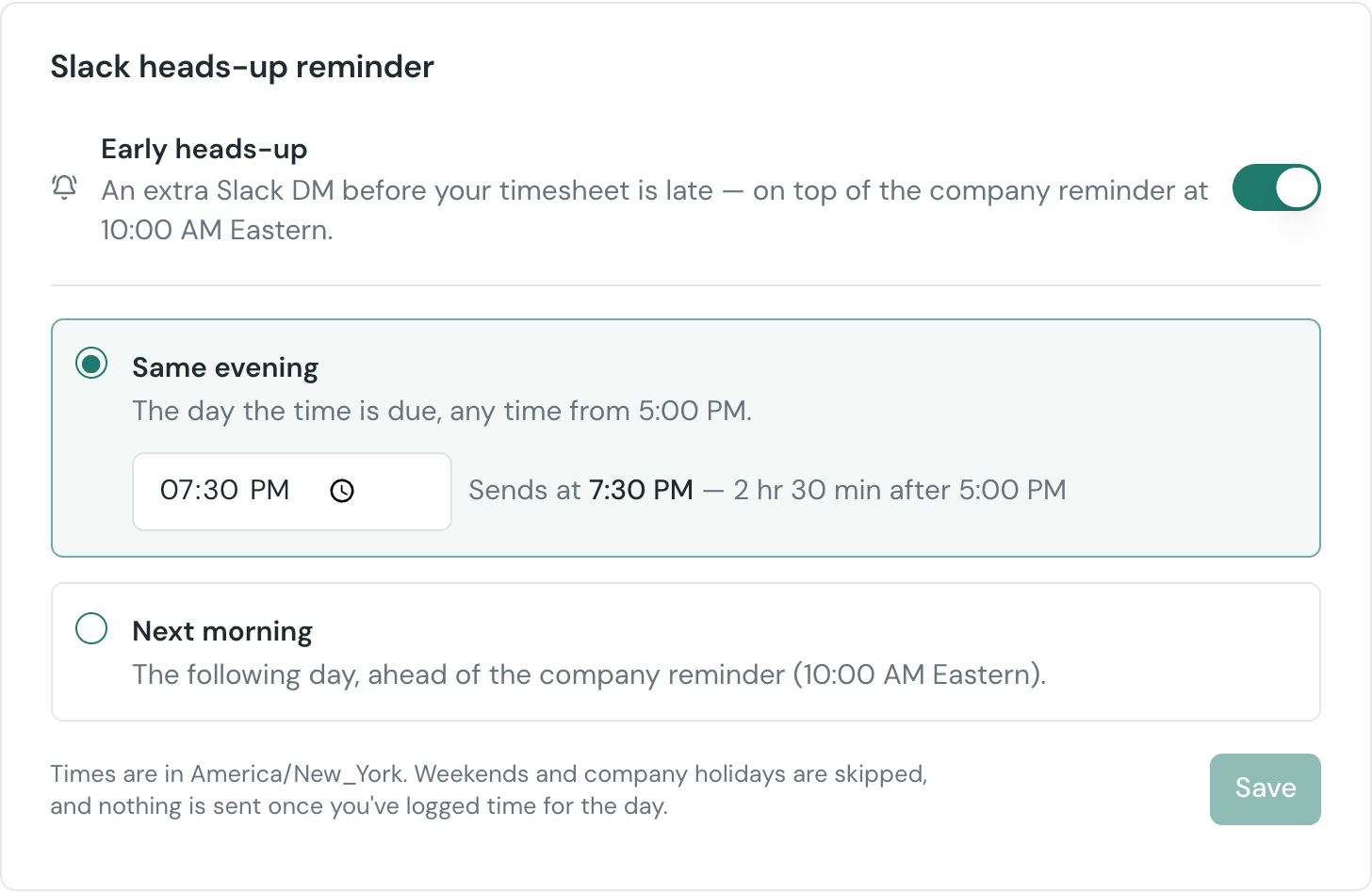 The Slack heads-up card on the Profile's Notifications tab