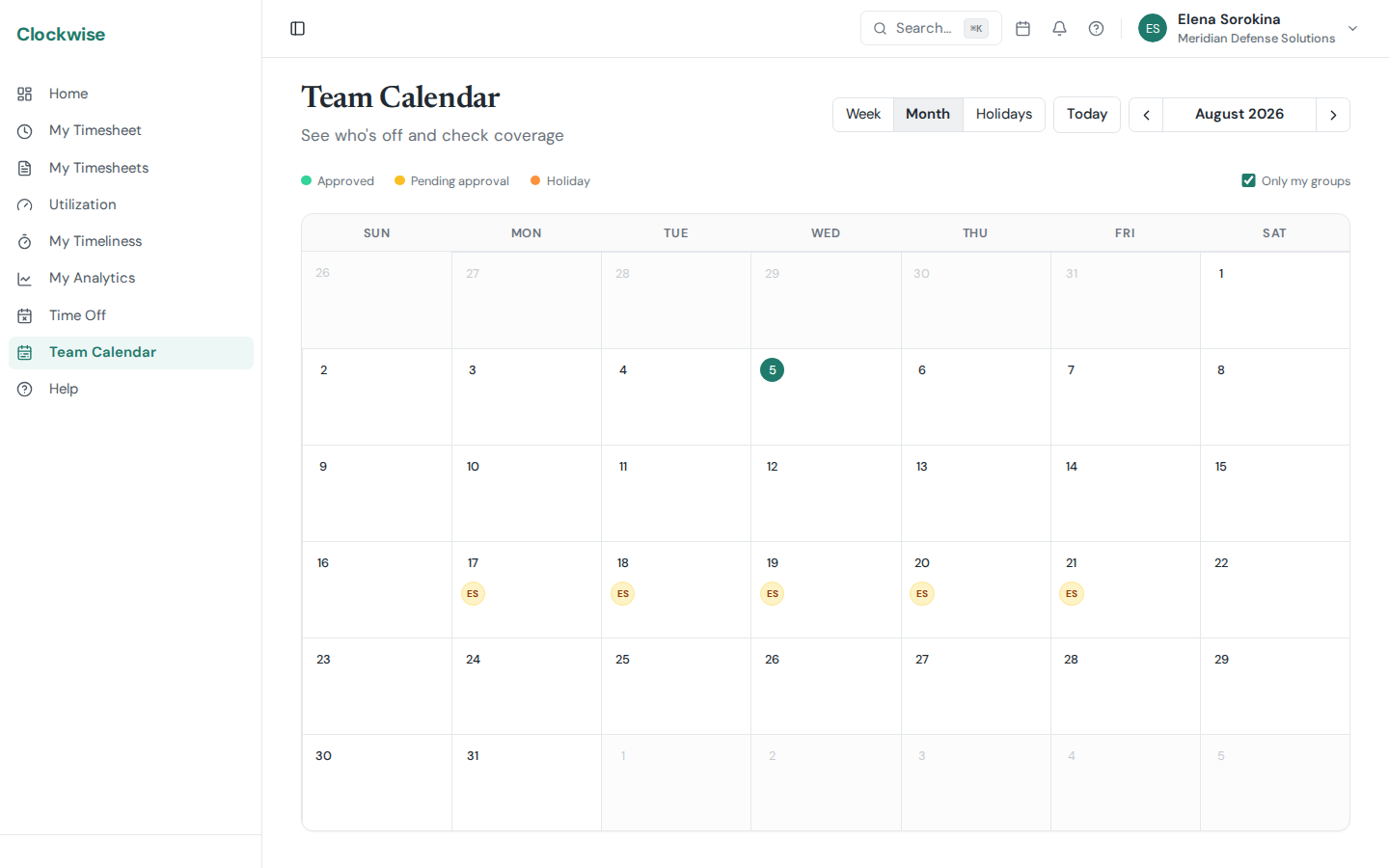 The team calendar showing who is out and when