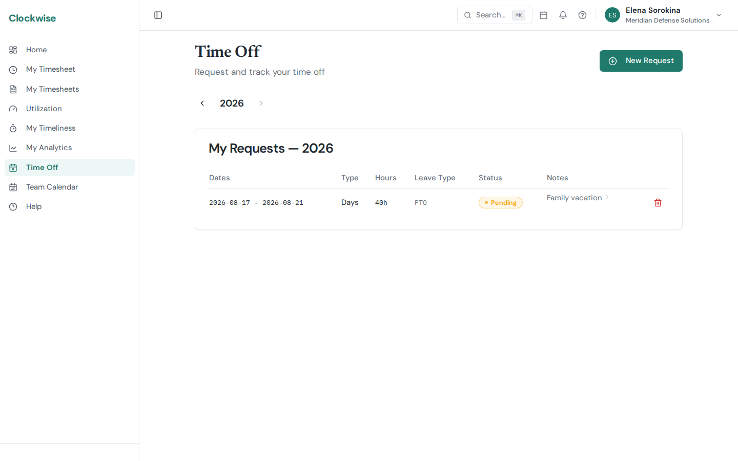 The time off page listing upcoming and pending requests