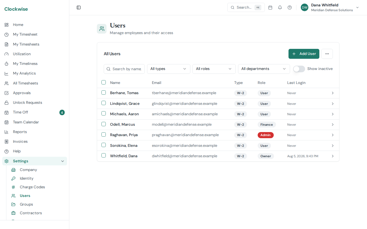 The Users list, showing each person's employment type, role, and last login
